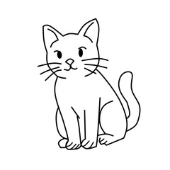 A simple black and white line drawing of a cute cat sitting upright, looking forward with a happy expression, featuring pointed ears, round eyes, a small nose, whiskers, and a curled tail.
