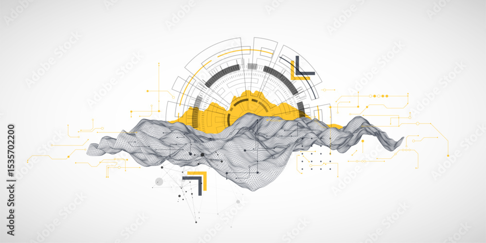 Poster Abstract data background with wireframe wave and circuit lines. Technology concept. Vector