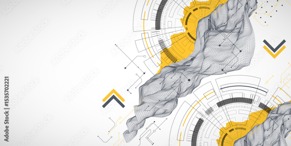 Poster Abstract data background with wireframe wave and circuit lines. Technology concept. Vector