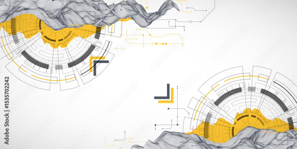 Poster Abstract data background with wireframe wave and circuit lines. Technology concept. Vector