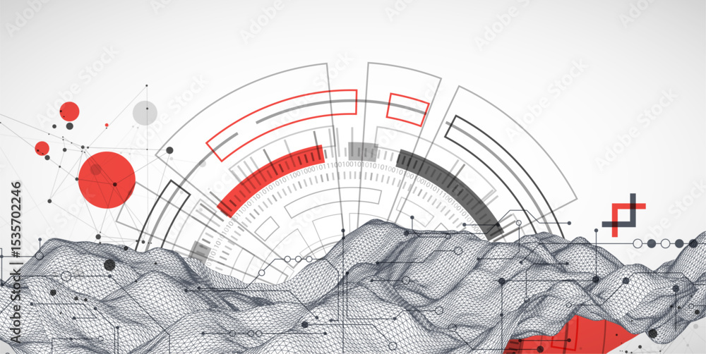 Poster Abstract data background with wireframe wave and circuit lines. Technology concept. Vector