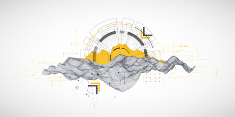 Abstract data background with wireframe wave and circuit lines. Technology concept. Vector