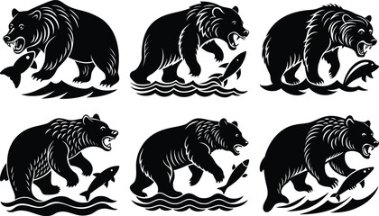 Grizzly Bears Catching Salmon in River