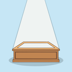 Cartoon Illustration of a Wooden Display Case Under a Spotlight Perfect for Showcasing a Product or Object with a Clean and Minimalist Aesthetic