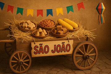Carrinho de madeira decorado com comidas típicas de São João, incluindo milho, paçoca e doces, com bandeirinhas coloridas e balão junino ao fundo.