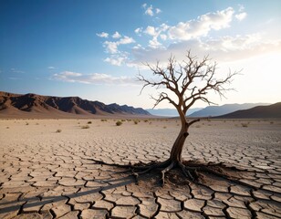 global warming; dry tree branch, desert landscape