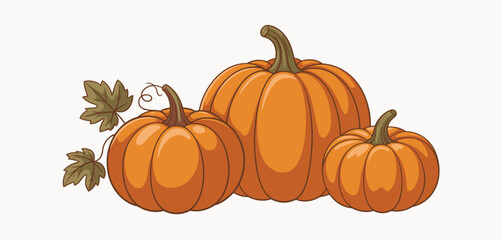 Three pumpkins with autumn leaves illustration
