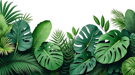 Lush tropical green leaves with various foliage on white