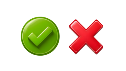 Green check mark and red x symbol illustrating yes and no or approved and rejected concepts on background