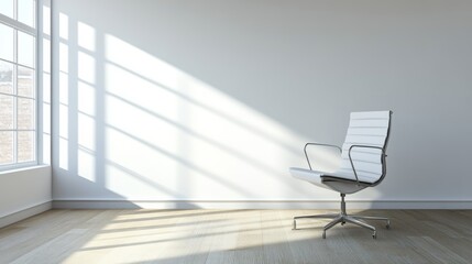 A white office chair featuring minimalistic styling, elegant simplicity, and a curved back for support