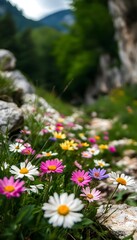 Obraz premium Vibrant wildflowers carpet a grassy hillside.