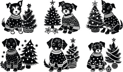 Cute Dogs in Sweaters with Christmas Trees