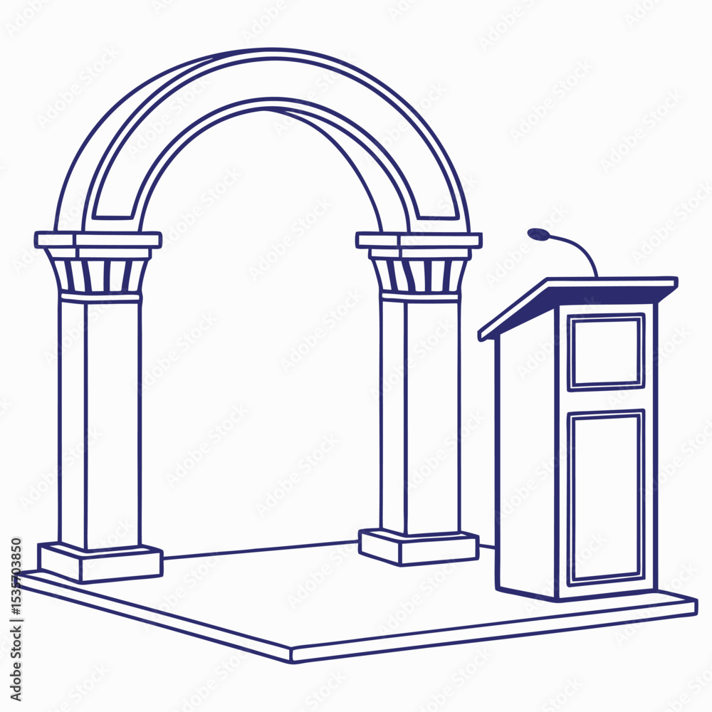 Poster blue line art of a stage with columns and an archway with a podium and microphone for a speaker or p