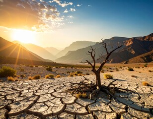 global warming; dry tree branch, desert landscape