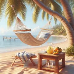 A peaceful empty beach with a hammock strung between two palm tr