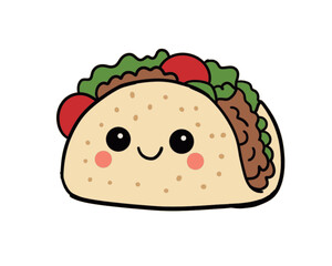 Vector illustration of a cute taco with a happy face. Funny food concept.