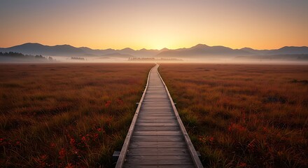 Wooden Path Leading Through Grassy Field to Misty Mountains at Sunset