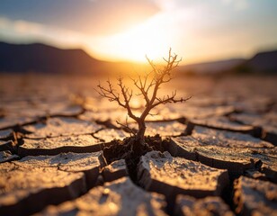 global warming; dry tree branch, desert landscape