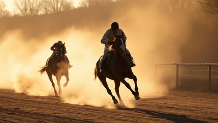 Jockeys racing horses at sunset creating a dusty trail on the track