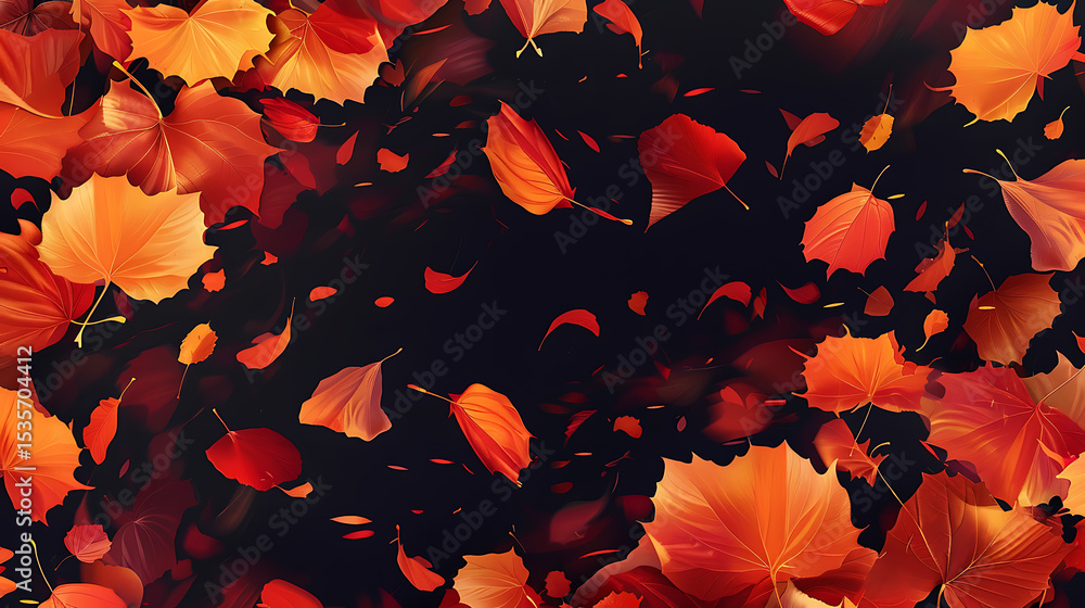 Poster autumn leaves in shades of orange and red falling against a dark background creating an abstract and