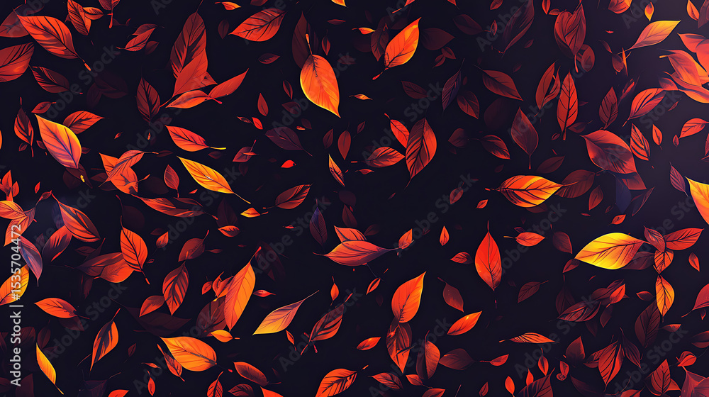 Poster autumn leaves falling in a dark and abstract pattern creating a textured background with orange and 