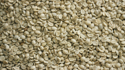 Raw green coffee beans forming textured background