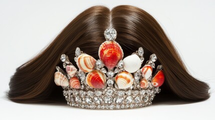 A glittering underwater crown decorated with seashells set against a white backdrop