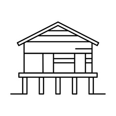杭の上に建つ家を描いたミニマル線画アイコン。洪水リスク地域での耐水住宅や気候変動への適応を示すデザインに最適