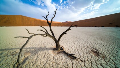 global warming; dry tree branch, desert landscape