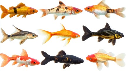 Fototapeta premium A variety of exotic fish in bright colors on a white background becomes ‘Vibrant exotic fish set against a white backdrop