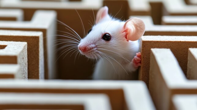 A small rodent navigates a complex maze, displaying curiosity, set against a plain white backdrop