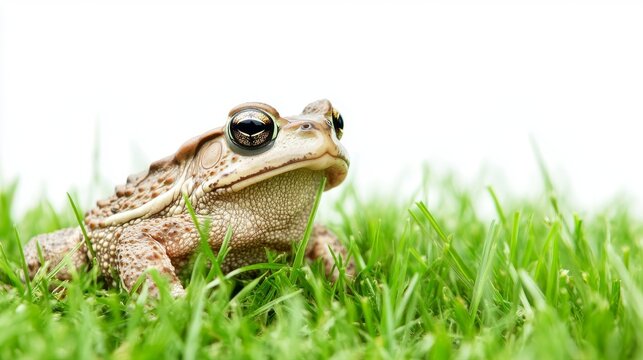 A toad is shown hopping across a field of grass with a carefree attitude set against a white backdrop