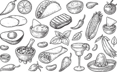 This intricate hand-drawn sketch showcases a vibrant Mexican theme, featuring tacos, burritos, grilled meat, chili peppers, corn, avocado, salsa, margarita, sombrero, and fresh herbs. 