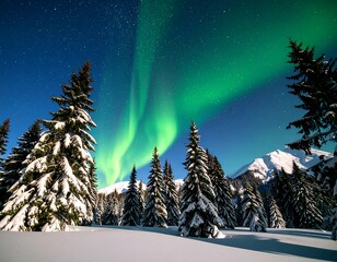 Snowy forest under vibrant aurora