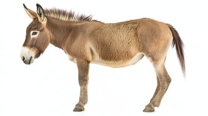 Captured in profile, the adult donkey displays a strong and muscular build, standing out against a simple white background