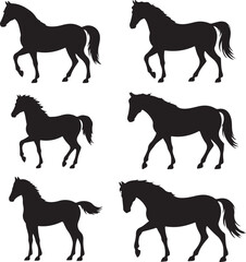 Horse Silhouette Vector Set – 8 Black and White Icons of Different Breeds and Poses