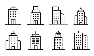 Fototapeta premium Minimalist Office Building Icon in Line Art Style – Black Outline Skyscraper Silhouette with Central Tower and Side Wings – Real Estate, Architecture, and Urban Cityscape Symbol on White Background