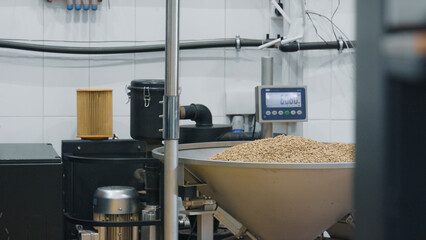 Coffee beans weighing and processing in modern