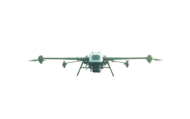 Futuristic AI-powered farming drone in mid-flight performing crop spraying operations isolated on transparent background PNG