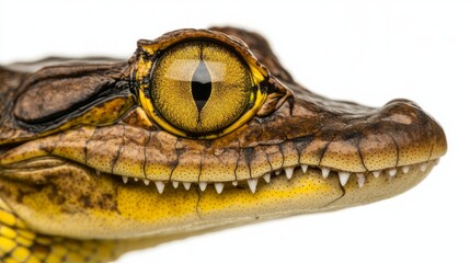 View of a crocodileâ€™s eyes in close-up, with white as the background color