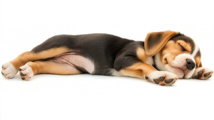 A happy beagle puppy is shown playing in a front view against a white background