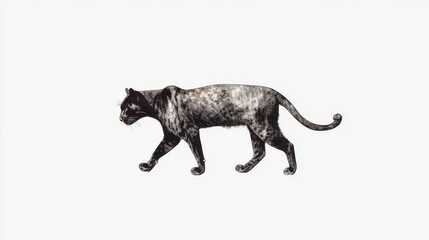 A sleek black panther is shown walking in profile against a white backdrop