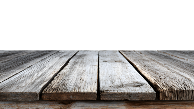 Rustic wooden table top isolated on white background displaying textured grain and surface
