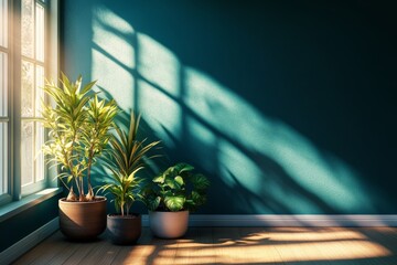 Modern interior design showcasing a moody teal wall with a succulent and hardwood flooring in the soft afternoon light
