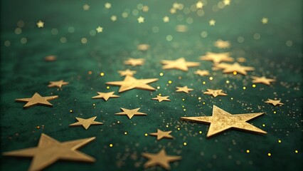 Golden Stars on Emerald Green Festive Bokeh Background, Close-up Composition, Glitter, Christmas, Holiday Christmas, Festive