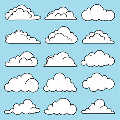 A seamless vector set of cartoon clouds against a blue sky, perfect for weather icon designs or nature illustrations