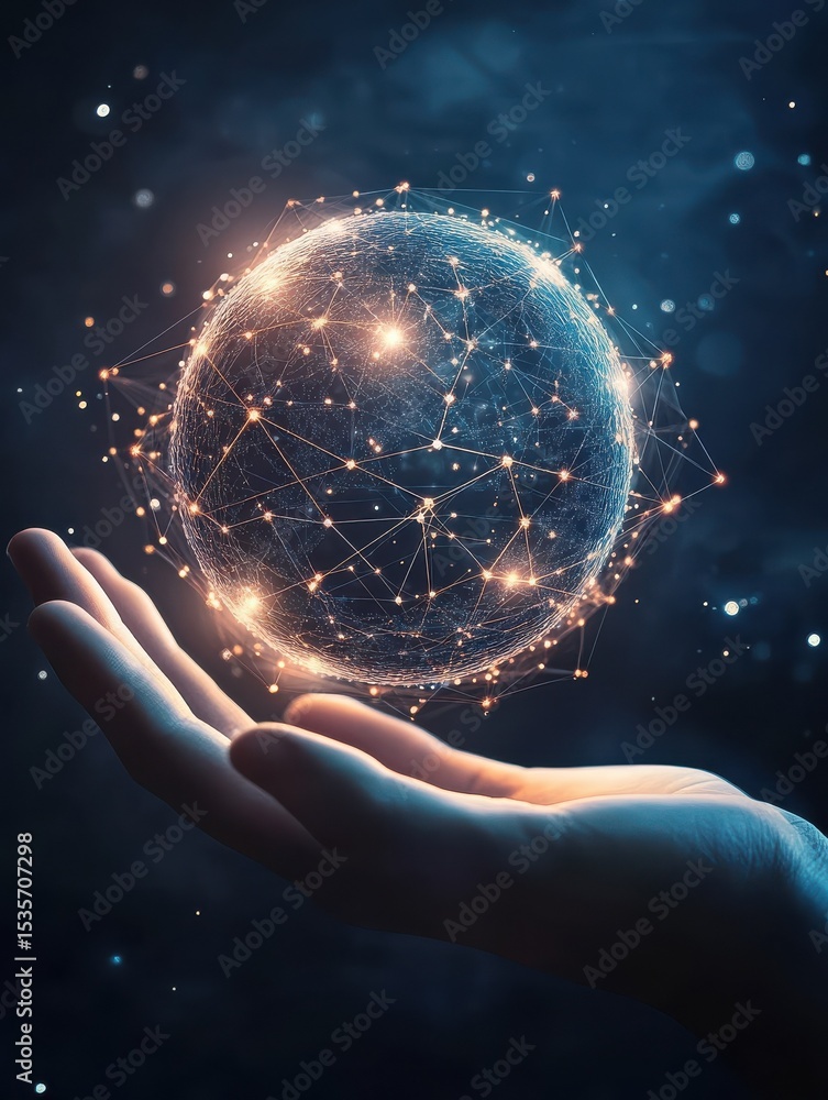 Poster hand showcasing a glowing digital globe with a network pattern and soft light in a minimalistic dim 