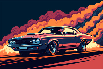 Classic Muscle Car Burning Rubber, Vector Art © Mohamed