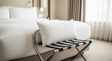 White pillow on luggage rack at the foot of a hotel bed