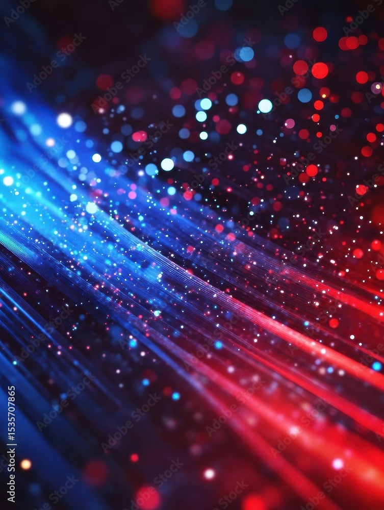 Poster abstract red and blue light streaks with bright dots creating a dynamic space effect